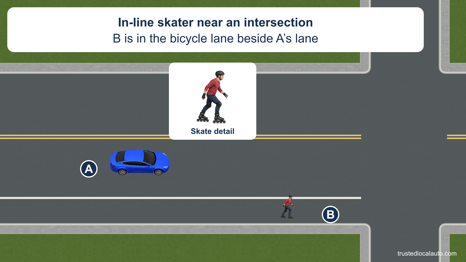 A approaches an intersection. B, a person wearing in-line skates, moves in the bicycle lane along the right edge beside A’s lane. The skater is ahead of A, before the intersection; a separate enlarged detail identifies the skates.