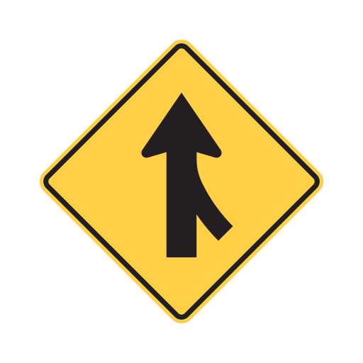 Yellow diamond sign with a black upward arrow and a second line curving into it from the lower right.