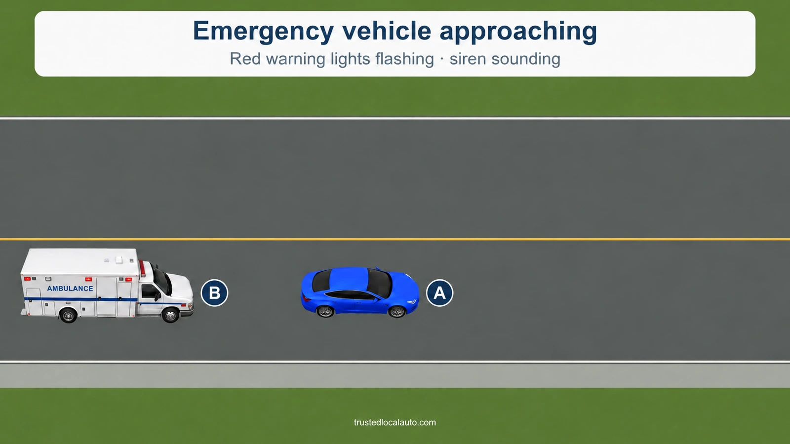 An ambulance marked B approaches behind A on a two-way road. Its warning lamps and the question card establish flashing lights and a sounding siren. A is still in its lane.
