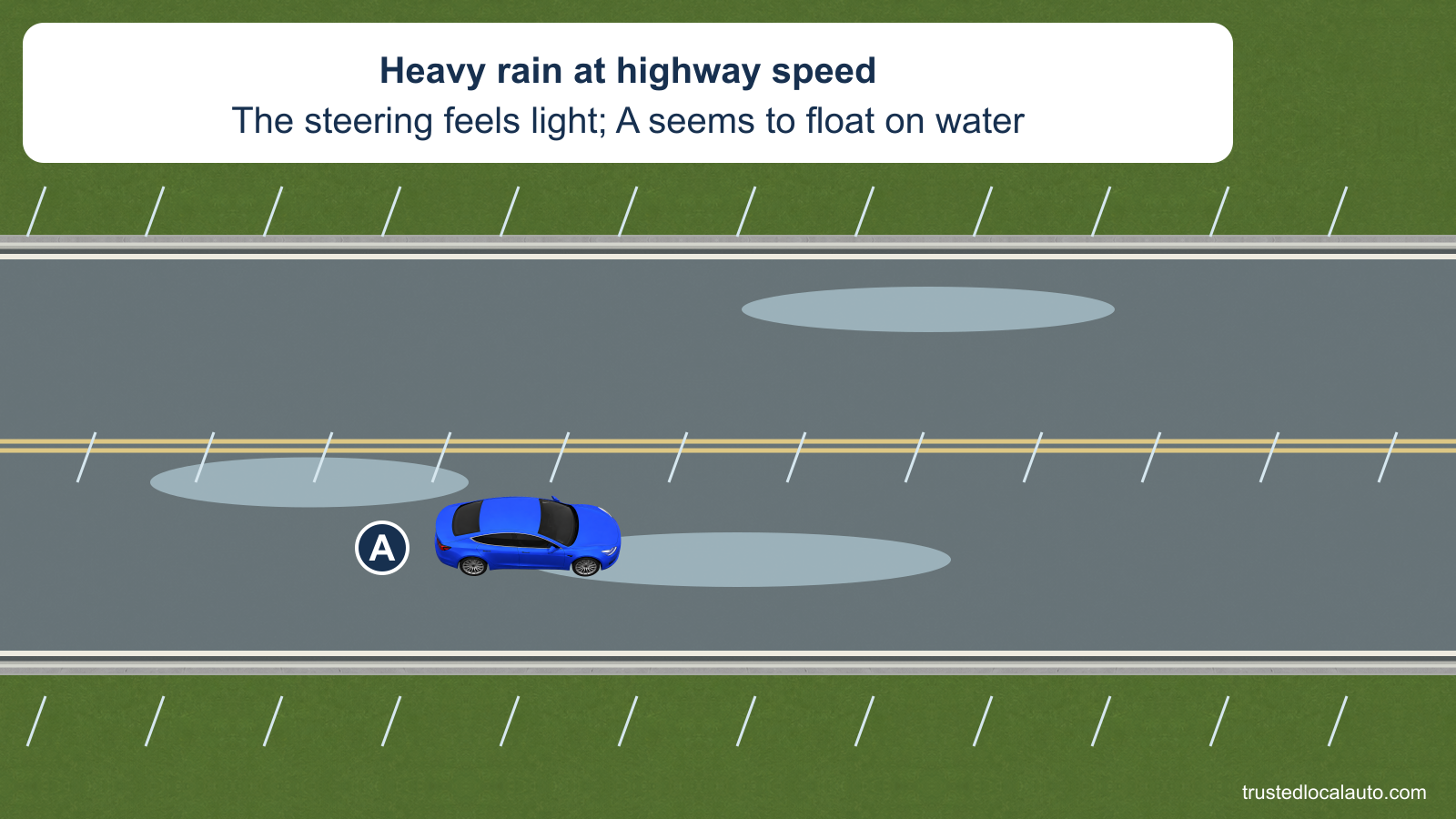 Blue A is on a highway in heavy rain, with standing water on the pavement. The caption describes light steering and floating.