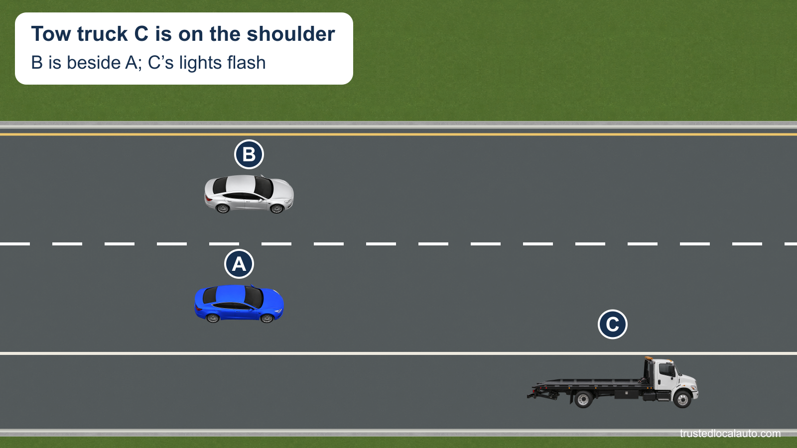 A is in the right of two highway lanes. Silver B is beside it in the left lane, and a tow truck with flashing warning lights is stopped on the right shoulder ahead.