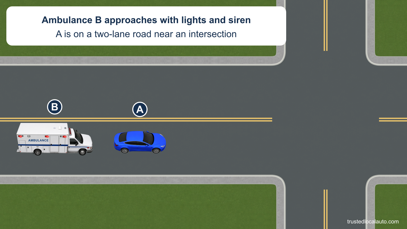 A travels east on a two-lane road toward an intersection. Ambulance B follows behind with its warning lamps lit. The card states that the lights flash and the siren sounds. No pull-over route is shown.