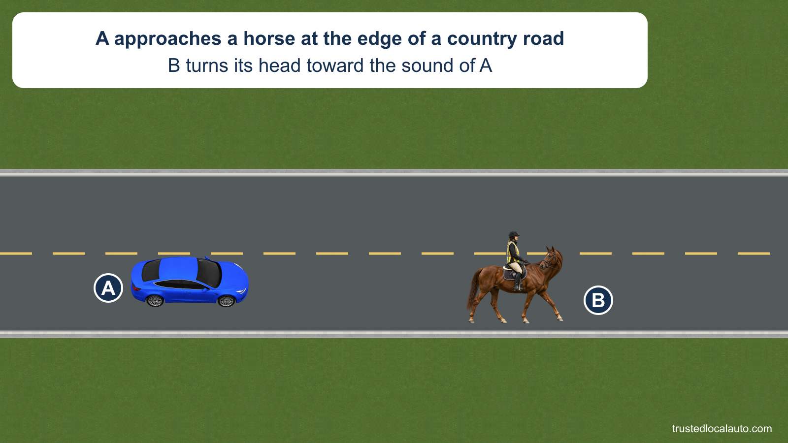 A approaches a horse and rider B near the right edge of a narrow two-way country road. The horse’s body continues to the right while its head turns back toward A; the question shows no passing route.
