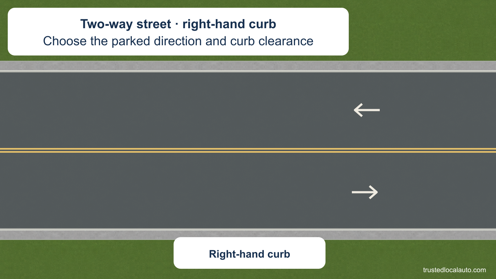 An empty two-way street shows its normal traffic directions and identifies the right-hand curb. No parked car, selected parking direction or distance appears in the question.