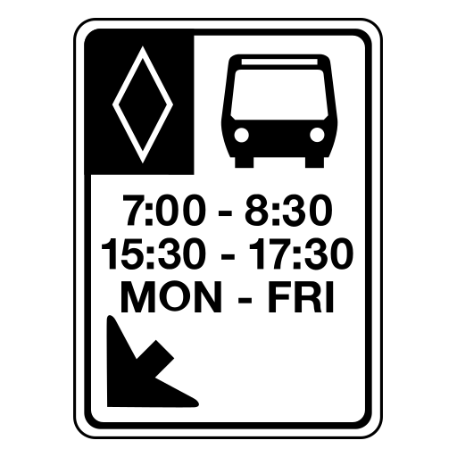 A white vertical rectangle with black borders, a white diamond on a black panel, a black bus symbol, the lines 7:00 - 8:30, 15:30 - 17:30, MON - FRI, and a black arrow pointing down and left.