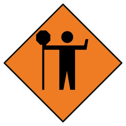 An orange diamond sign with a black figure of a person who holds an octagonal paddle and raises the other arm.