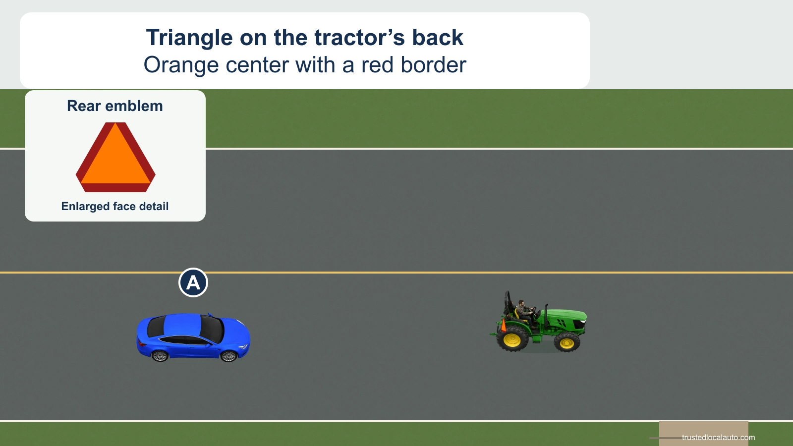 A approaches a farm tractor on a rural road. The tractor carries an orange triangular emblem with a red border at its rear, also shown enlarged.