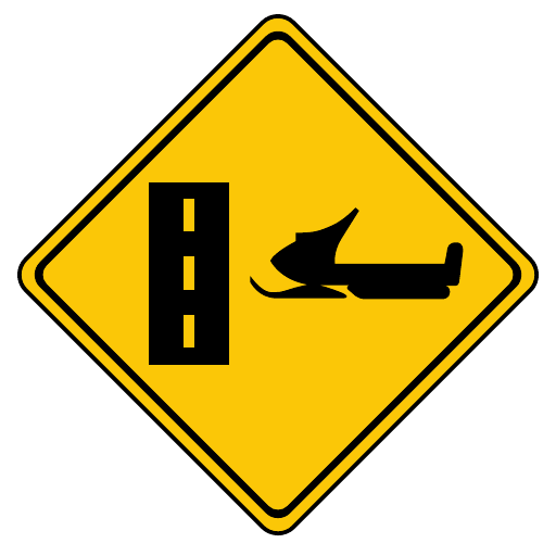 A black snowmobile faces left toward a vertical black road bar containing two yellow dash marks, within a yellow diamond.