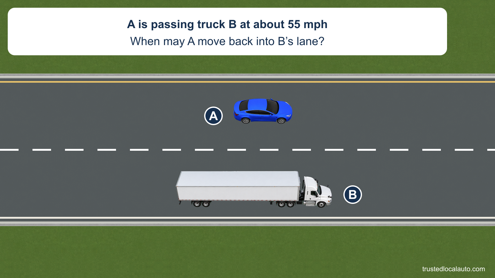 A is in the left freeway lane while passing white truck B in the right lane. No mirror detail is shown.
