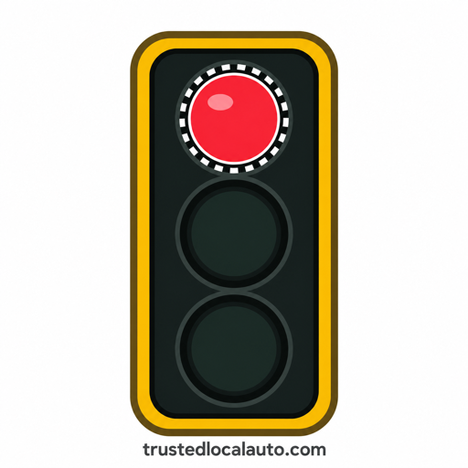 One vertical dark three-lens signal shows a red upper circle with a dashed light ring; both lower circles are dark.