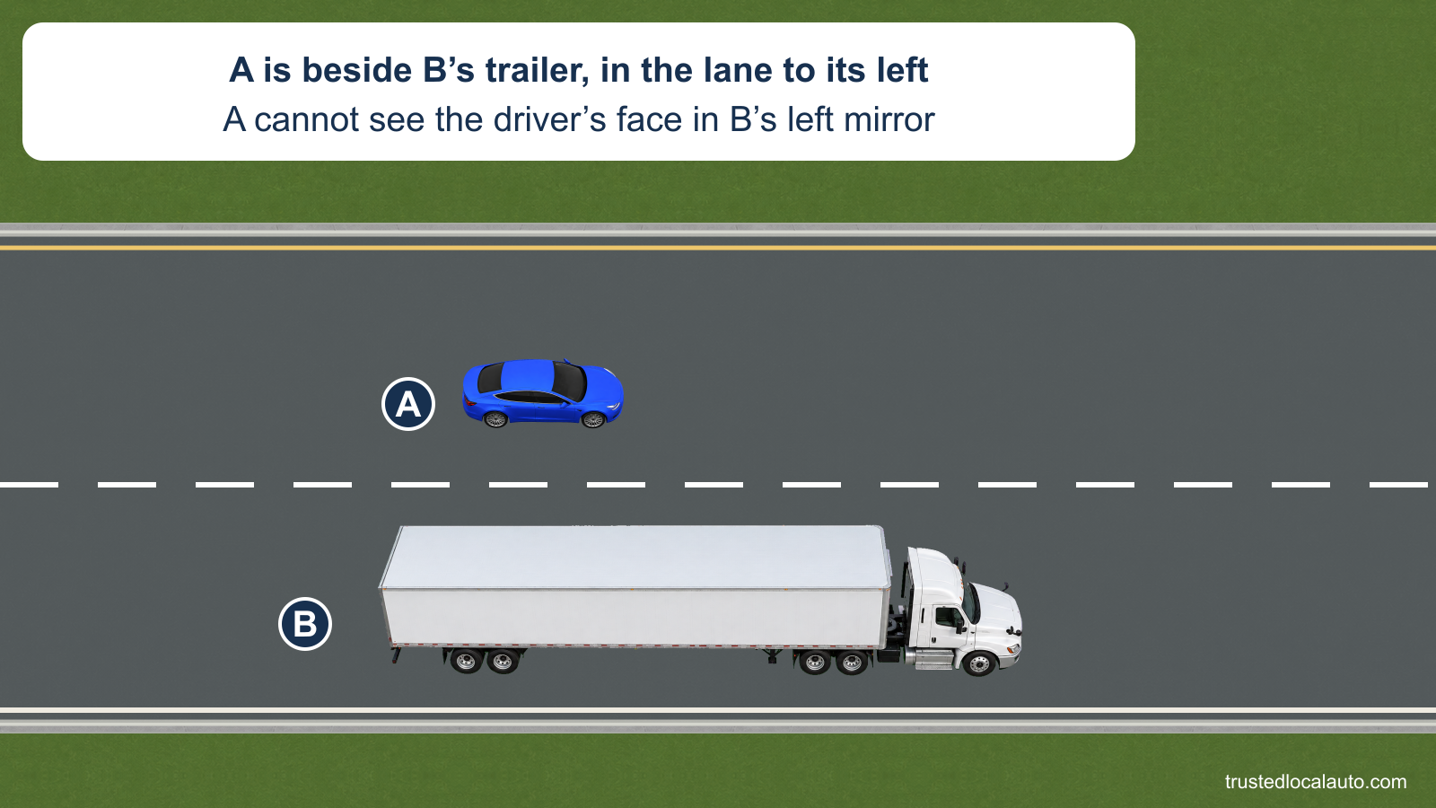 A travels beside the trailer of tractor-trailer B in the lane to its left. The card states that A cannot see the truck driver’s face in the left side mirror.