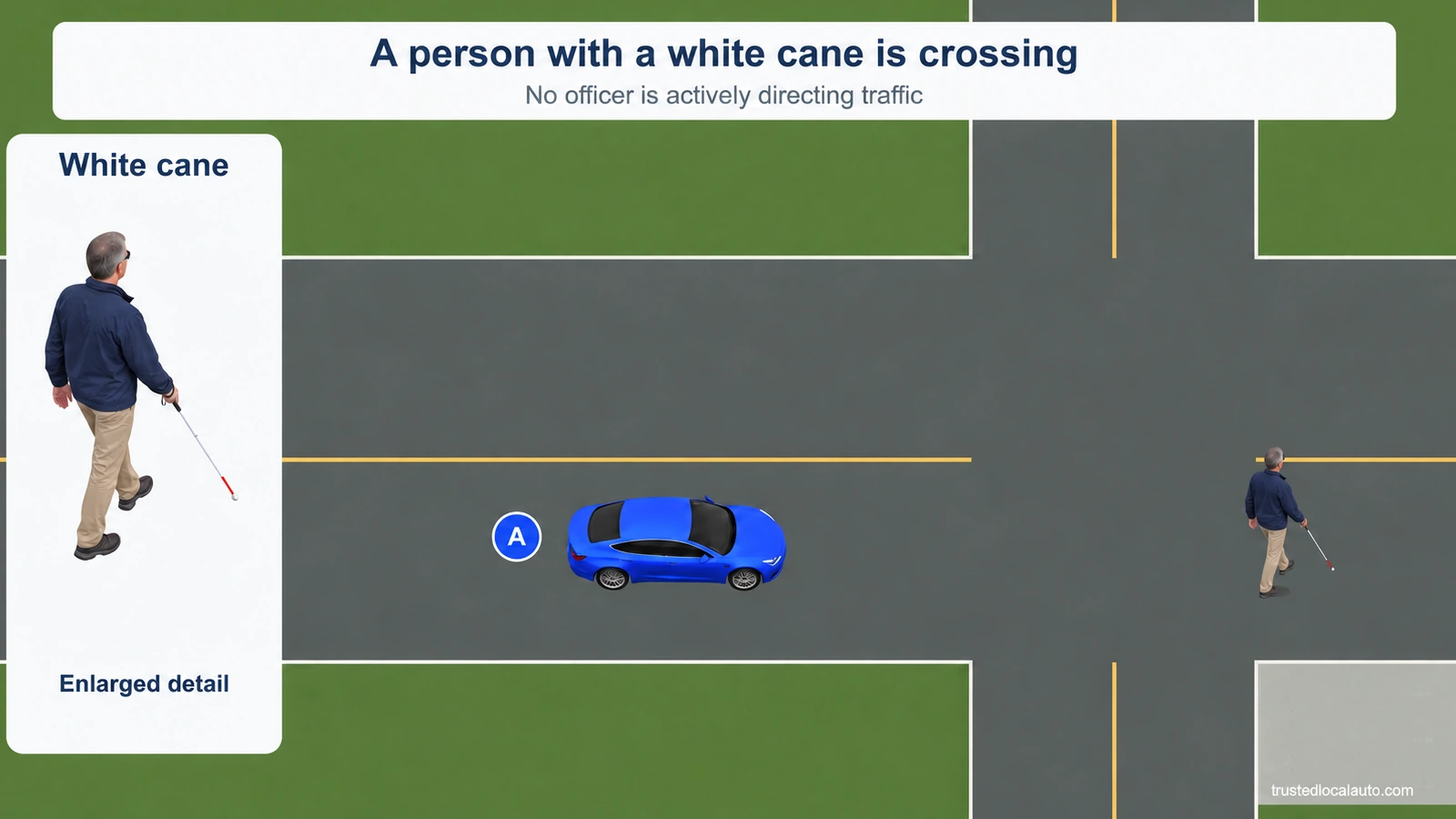 A person carrying a white cane is already crossing ahead of blue A; an enlarged cane detail is shown, and A's badge is beside the car.