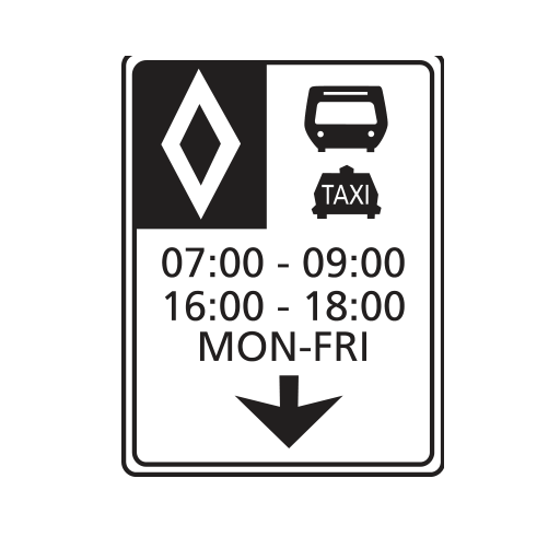 A reserved-lane sign with a diamond, bus and taxi symbols, a downward lane arrow, and weekday time periods 07:00–09:00 and 16:00–18:00.
