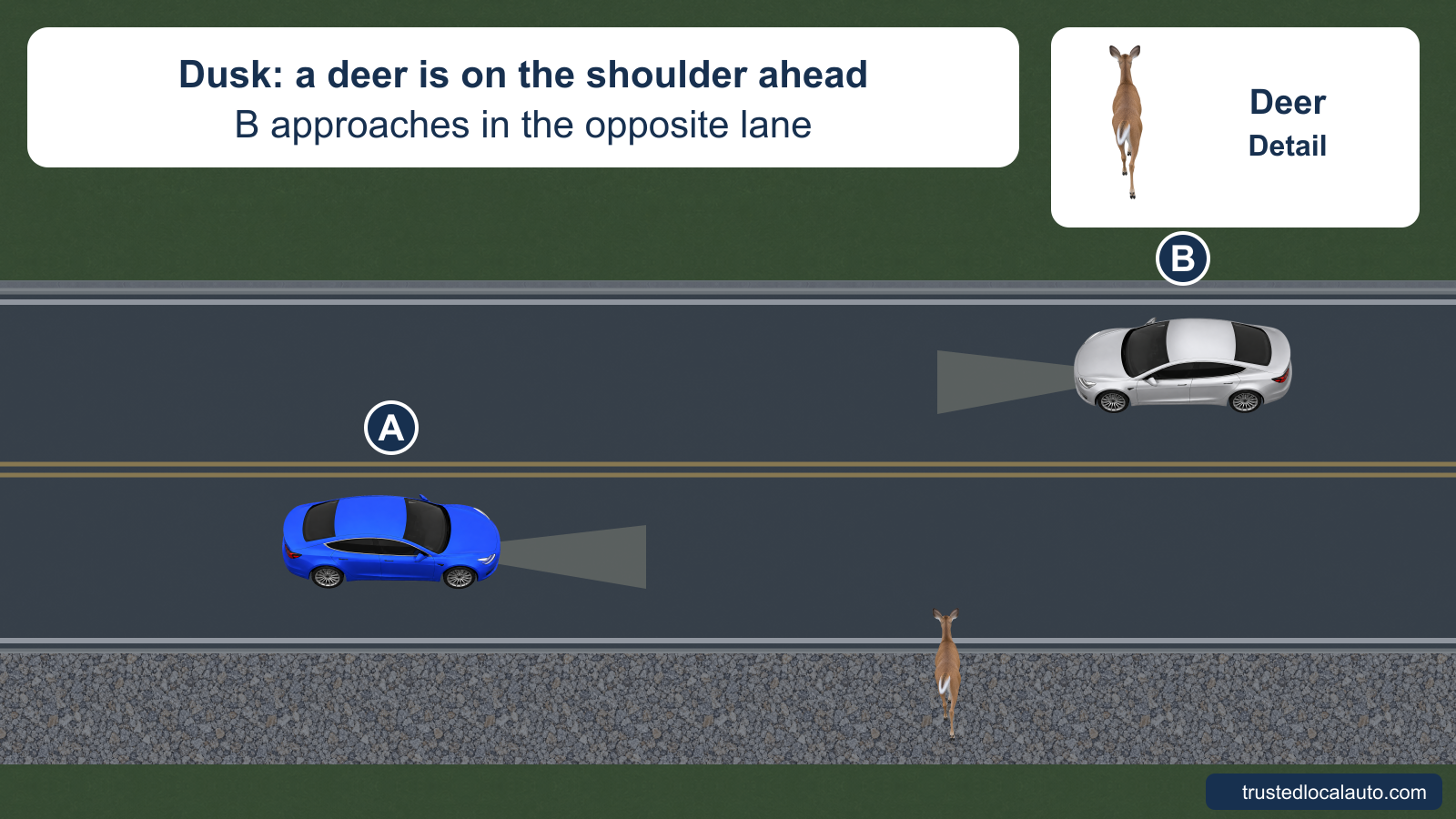 At dusk, blue car A approaches a deer standing on the right shoulder, with all hoof contacts beyond the pavement edge. Silver car B approaches in the opposite lane. A separate detail identifies the deer; no chosen route is shown.