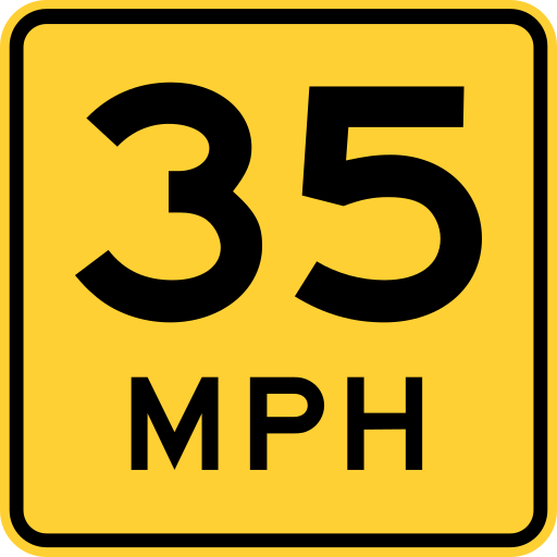 Detail of the yellow advisory speed plaque: black 35 above MPH. The curve warning described in the question is outside this detail.