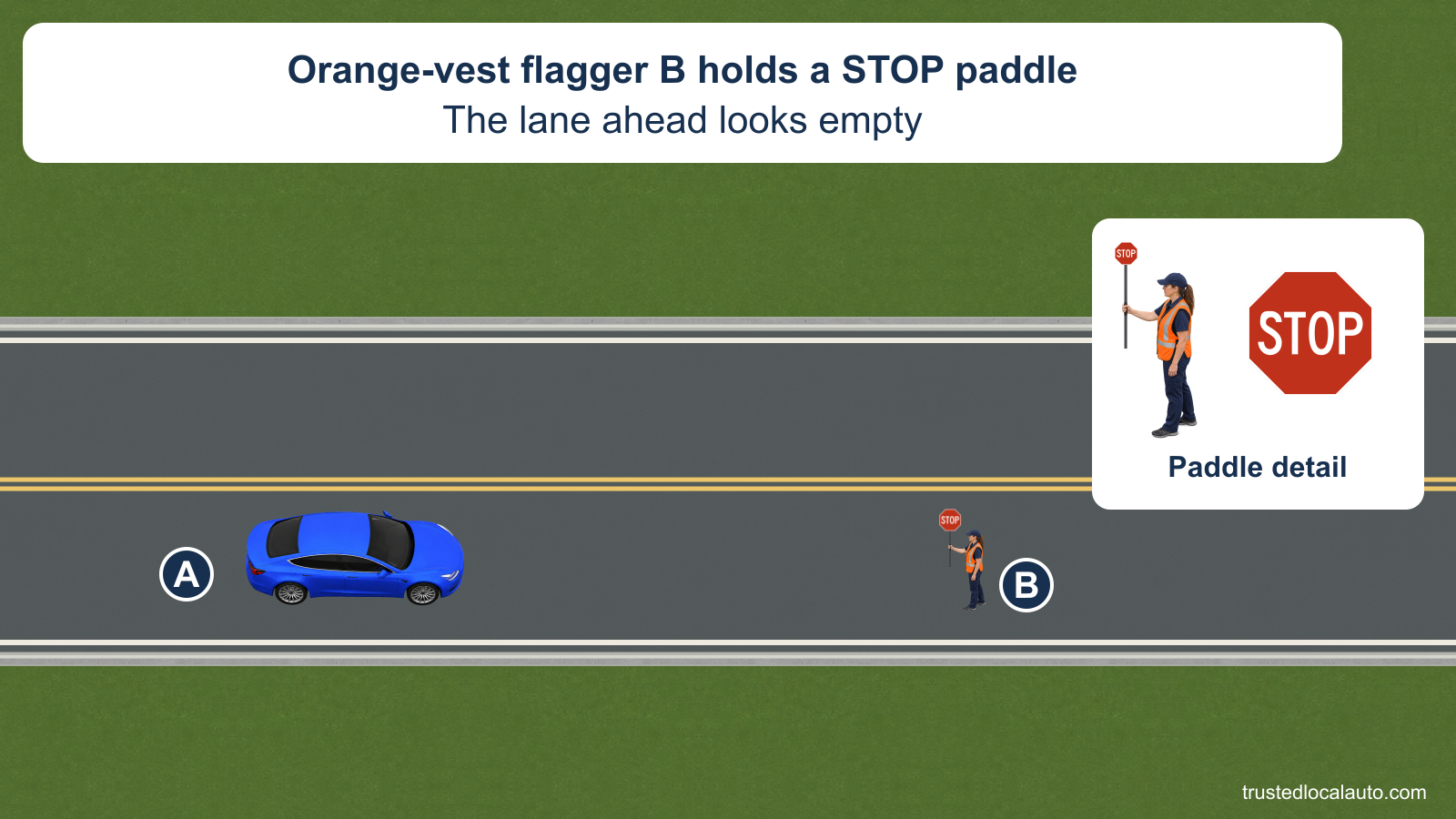 Blue A approaches an orange-vest flagger B, who faces the car with an exact STOP paddle on a pole. A labelled enlarged detail shows the same worker and sign face. The lane beyond B is empty. A is well before its answer stopping position; no response route, stop line or wait instruction is shown.