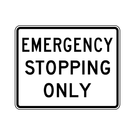 A white sign with a black border reads EMERGENCY STOPPING ONLY in black letters.