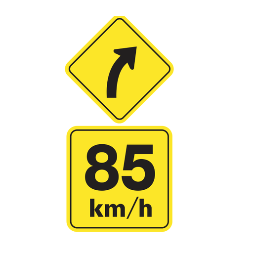 A yellow diamond with a black arrow curving right, above a yellow plaque reading 85 km/h.