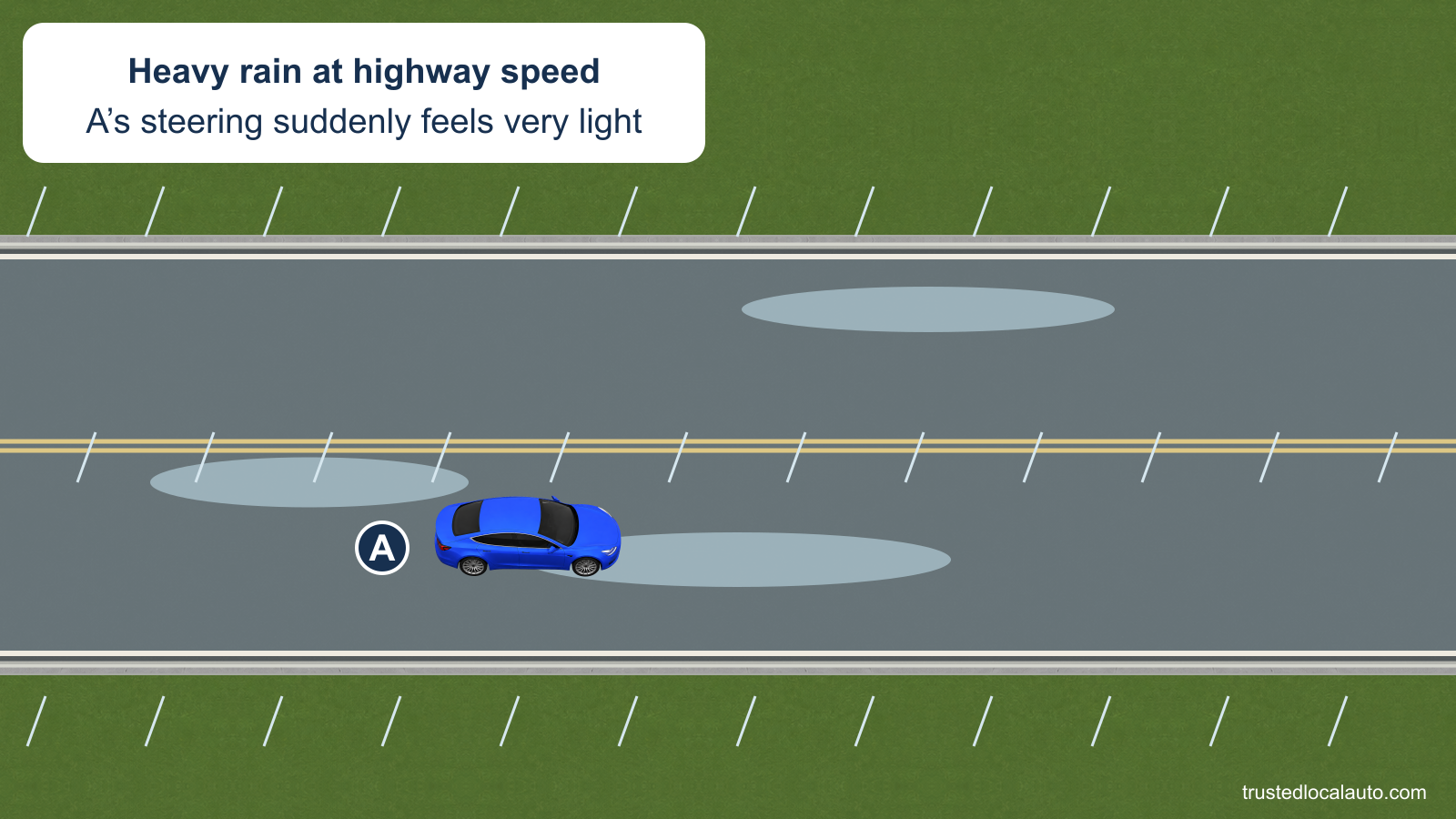 A drives through pooled water on a highway in heavy rain. The caption states that the steering suddenly feels very light; no steering response or speed change is selected in the question image.