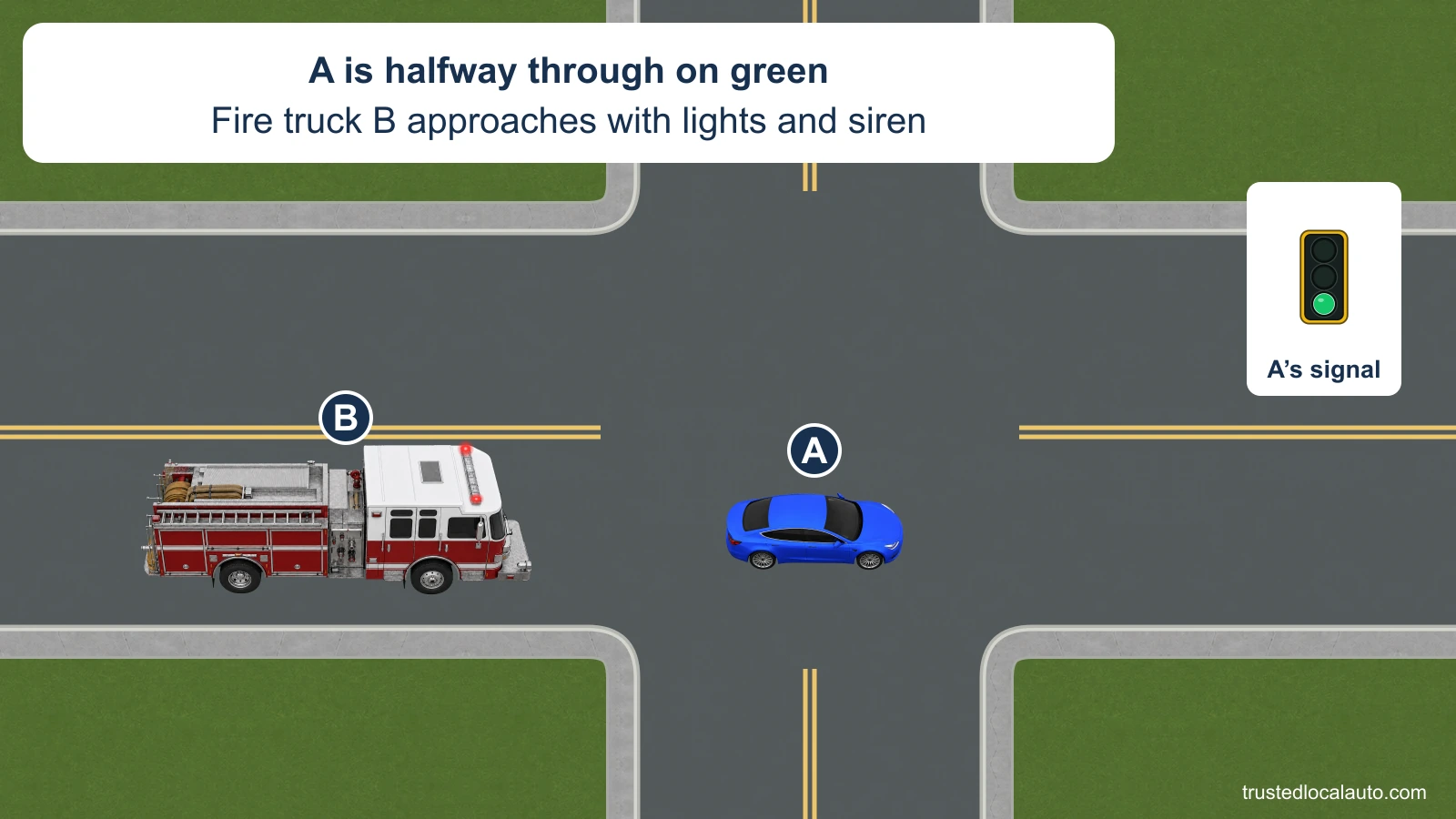 Blue A is halfway through an intersection. An enlarged signal detail shows green. Fire truck B approaches from behind with lightbar ends lit; the card states its lights and siren are operating.