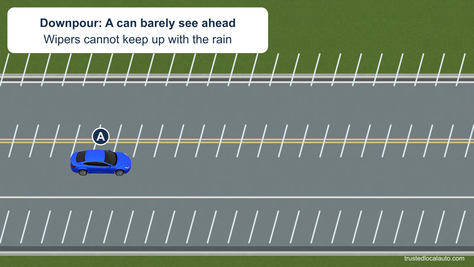 A is on a two-way road in a heavy downpour. Rain obscures the view ahead and a clear shoulder lies to the right.