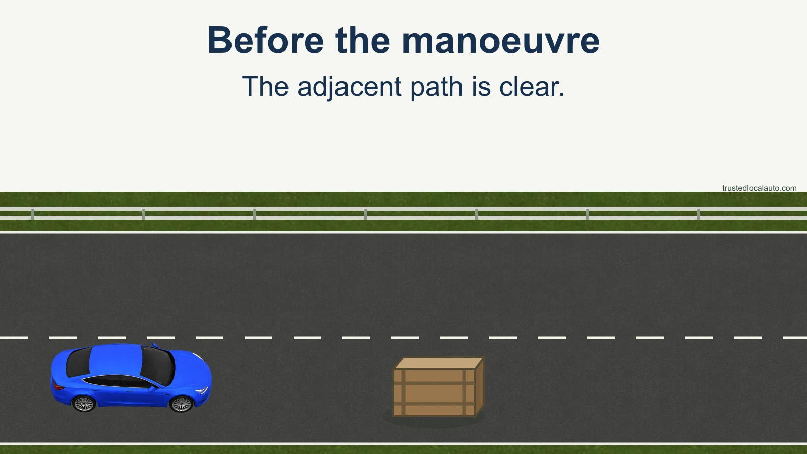 A car has space to steer around a stationary obstacle into a clear adjacent path on the same side of a divided road.