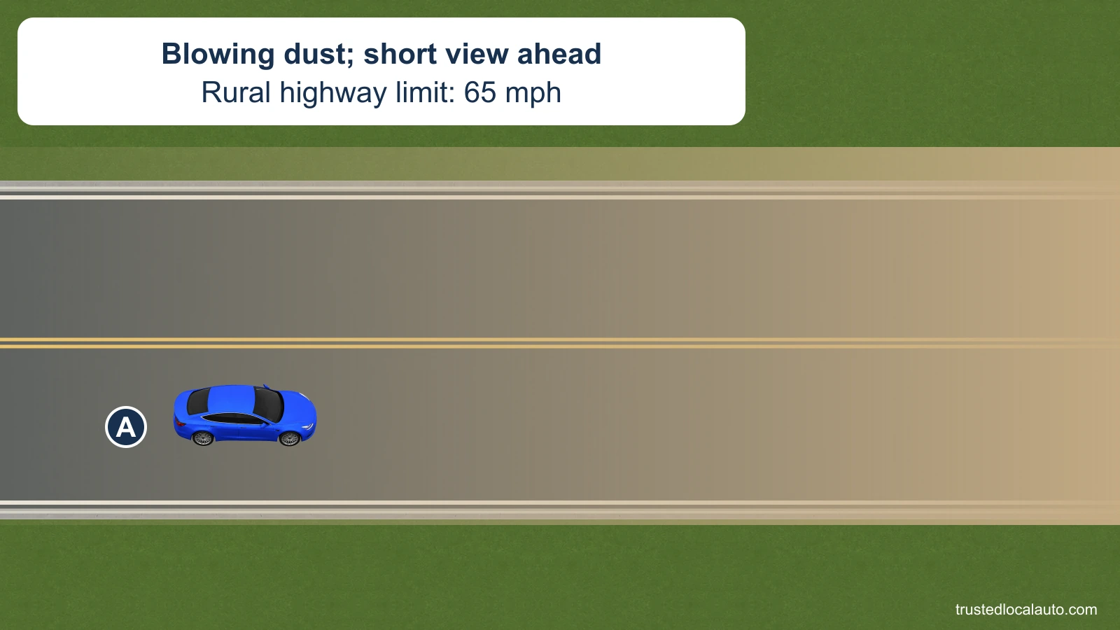 A drives on a rural two-lane highway posted at 65 mph. Tan blowing dust increasingly hides the roadway ahead, and no actual driving speed is shown for A.