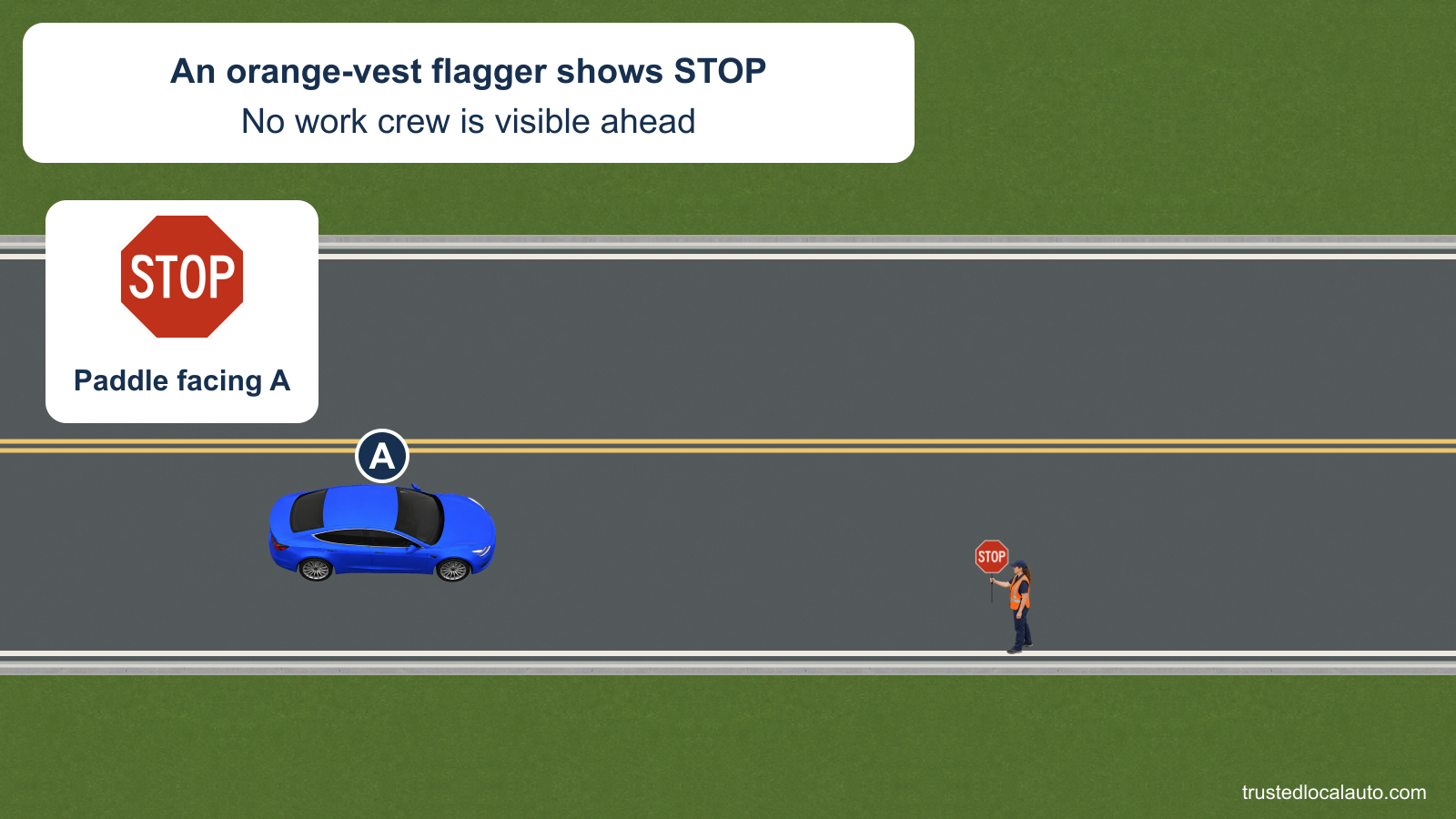 A approaches an orange-vest flagger holding the STOP side of a paddle. An enlarged exact face repeats the paddle; the road ahead is clear and no stopping position is selected.