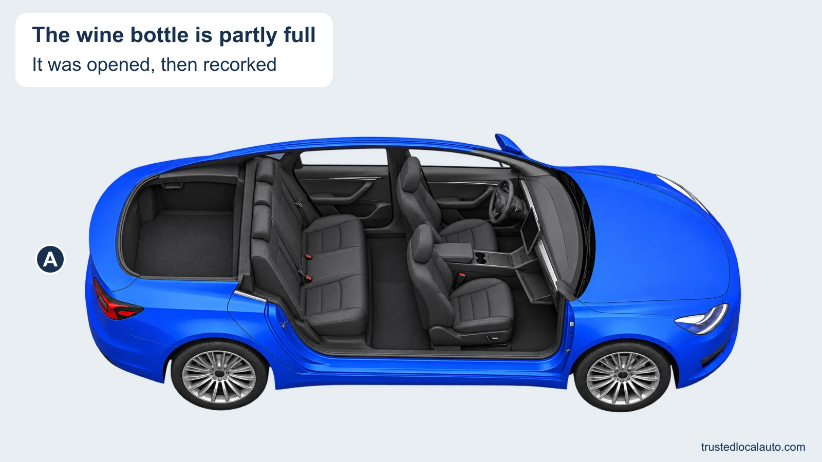 An interior cutaway of A shows the passenger seats and trunk. The partly used wine bottle described in the stem has not been assigned a position.
