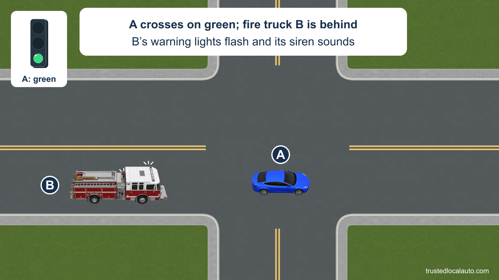 A is crossing an intersection under a green light while fire truck B approaches from behind. White flash marks identify B’s warning lamps, and the card states that its siren is sounding.