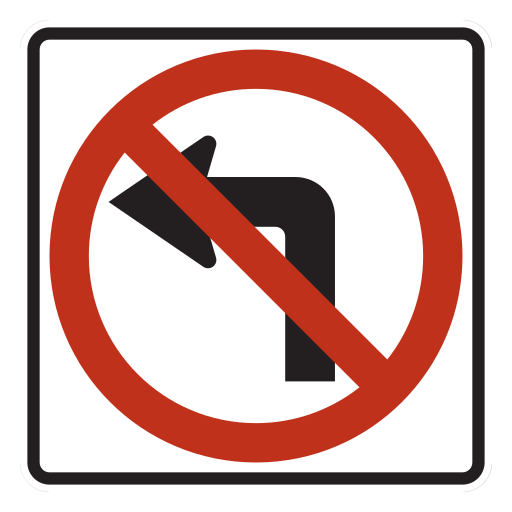 An exact black left-turn arrow appears inside a red circle and red slash on a white square face.