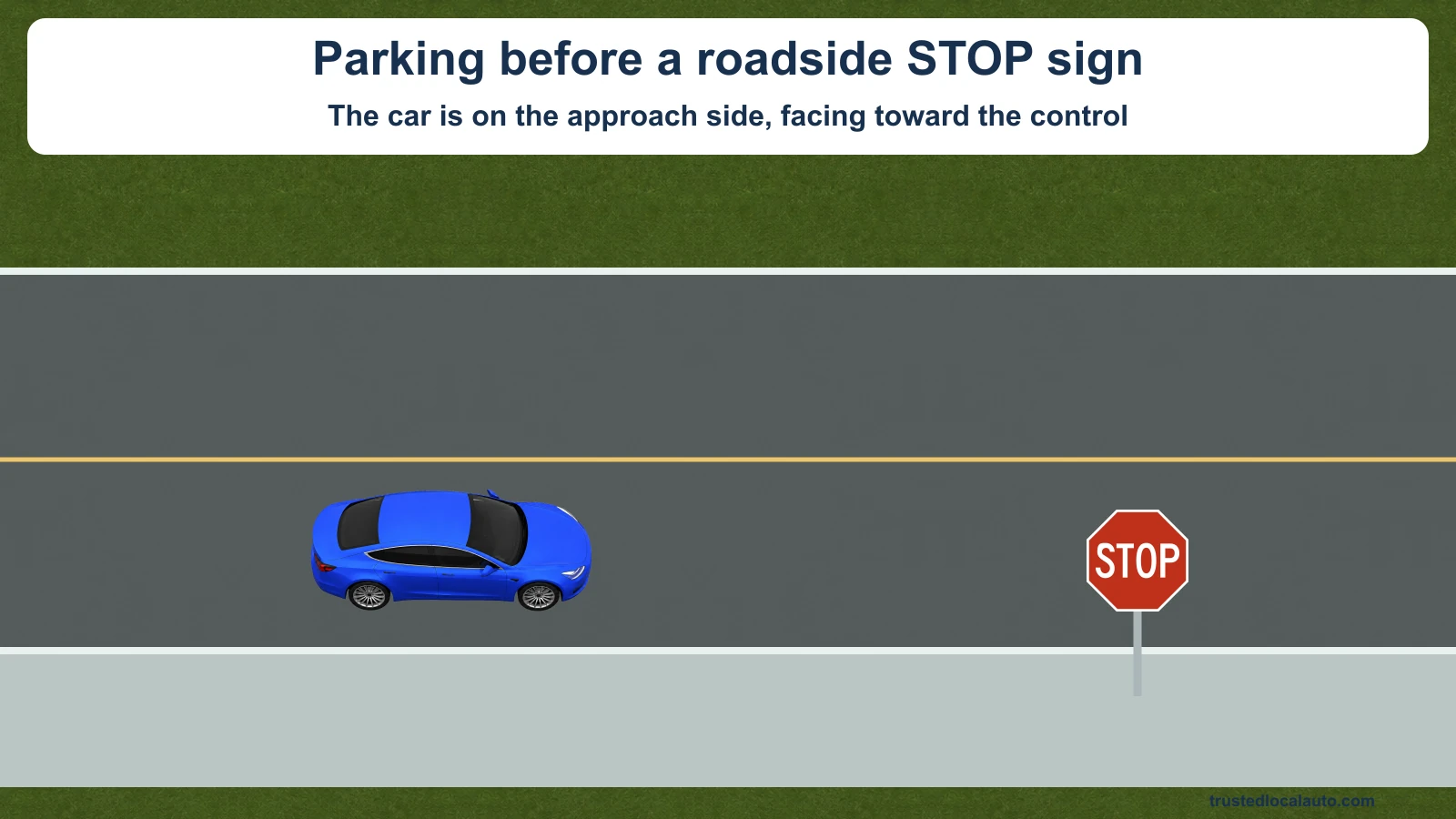 A blue car is parked on the approach side of a roadside STOP sign, facing toward it. The question picture has no clearance number.