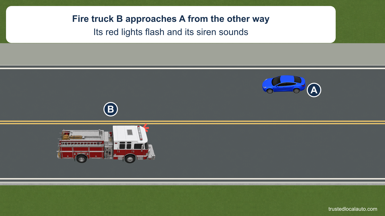 A travels west in the upper lane while an eastbound fire truck approaches in the opposite lane. Red flash marks and the factual card identify its flashing lights and siren.
