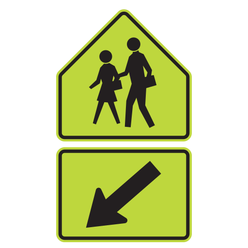 Two walking figures appear in a yellow-green pentagon. Below it, a yellow-green plaque carries a black diagonal arrow pointing down and left.
