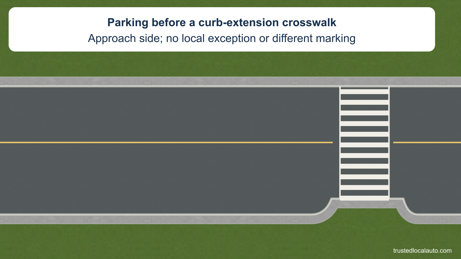 A marked crosswalk meets a curb extension that projects from the sidewalk into the parking edge. There is no parked car, distance value or chosen space.