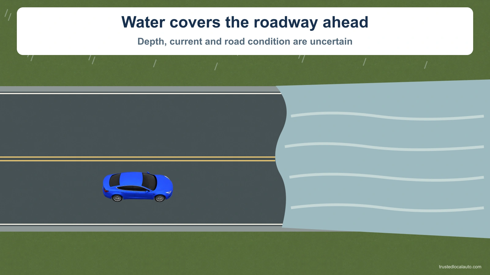 Floodwater covers the road ahead of the blue learner. Its depth, current and underlying surface are unknown. The question marks no alternative path and gives no safe depth.