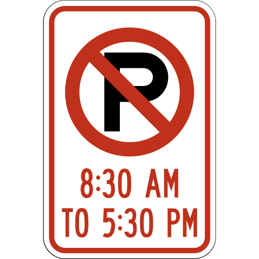 Red-bordered white sign with a crossed-out black P and posted hours 8:30 AM TO 5:30 PM.