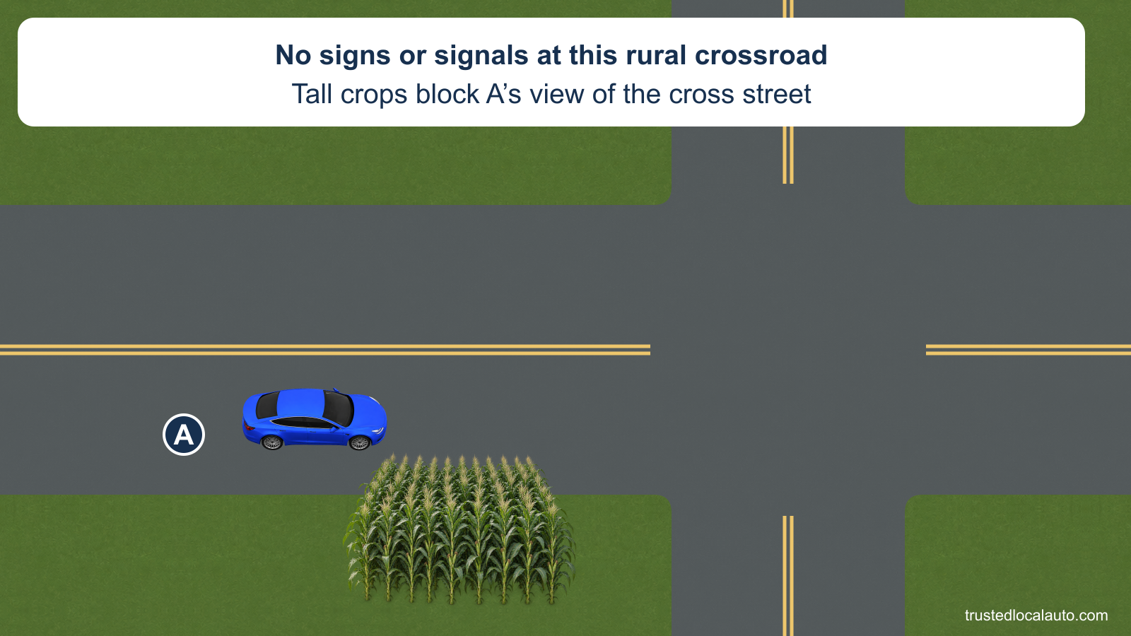 A approaches a rural crossroad with tall crops blocking the view along the near cross-street corner. There is no STOP sign, yield sign, signal, stop line or crosswalk on any approach.