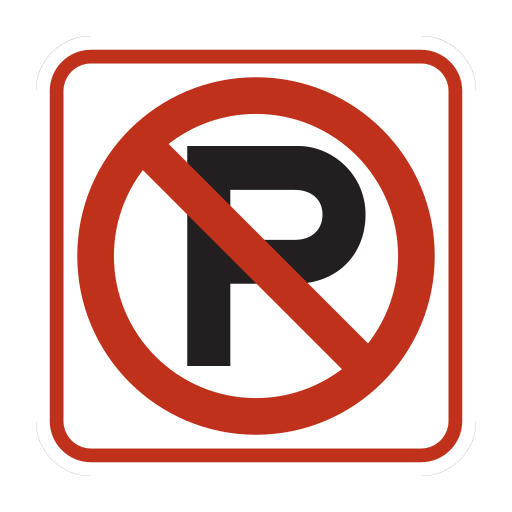 A white square sign has a black letter P inside a red circle with a diagonal red slash.