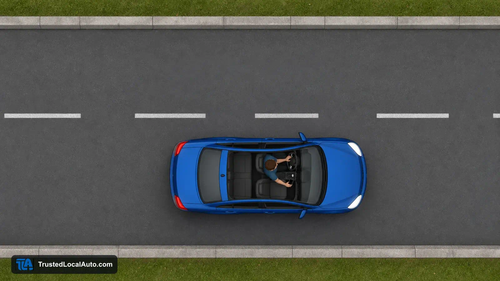Top-down cutaway view of a blue car travelling east in its lane while the driver holds a mobile phone in one hand.