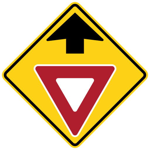Yellow diamond warning sign with a black upward arrow above a red-and-white downward-pointing yield triangle.