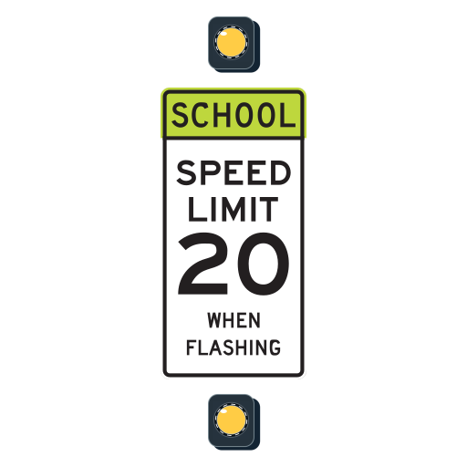 An intact SCHOOL SPEED LIMIT 20 WHEN FLASHING sign stands between two yellow beacon fixtures on a white background. No roadway, children, bus or crossing guard is shown.