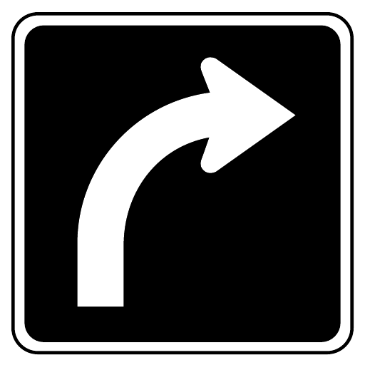 A black square with rounded white edging carries one thick white arrow rising from the lower left and bending right.