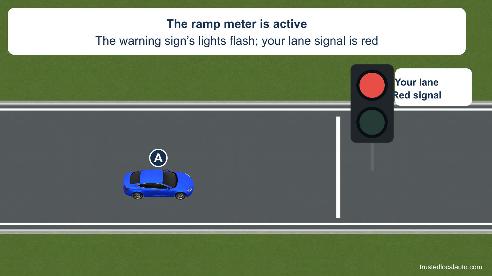 A approaches a freeway ramp’s white stop line. A two-lamp meter displays red for A’s lane, and the card states the warning sign’s lamps are flashing.