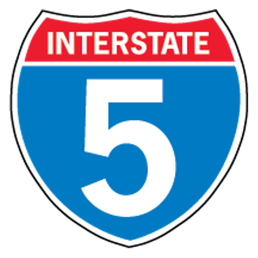 A red, white and blue shield displays INTERSTATE above the large white number 5.