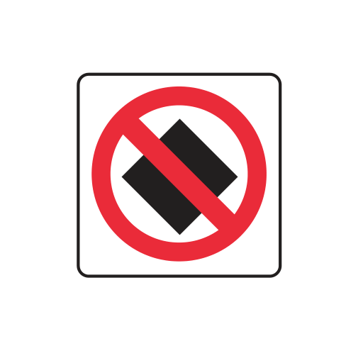 A solid black diamond within a red circle and diagonal slash, on a white square sign.