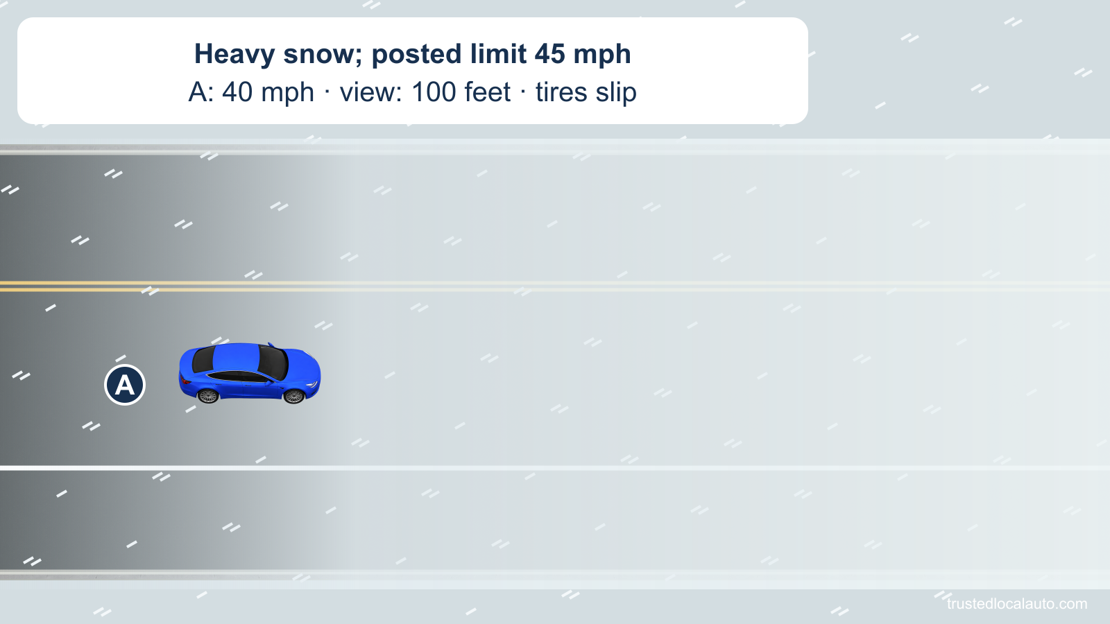 Heavy snow hides the road ahead of A. The fact card states the 45 mph posted limit, A’s 40 mph speed, about 100 feet of visibility and tires slipping under braking.