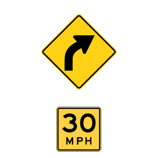 A right-curving black arrow fills a yellow diamond; a separate yellow plaque below reads 30 MPH.