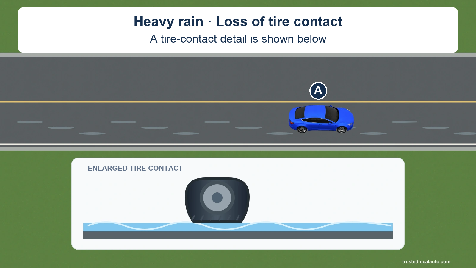 A travels on a rain-covered road. An enlarged tire detail shows water separating the tire from the surface.