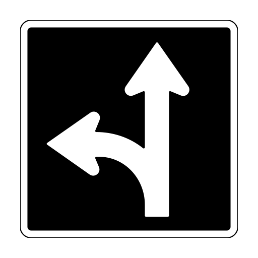A white arrow branches upward and left on a black sign.